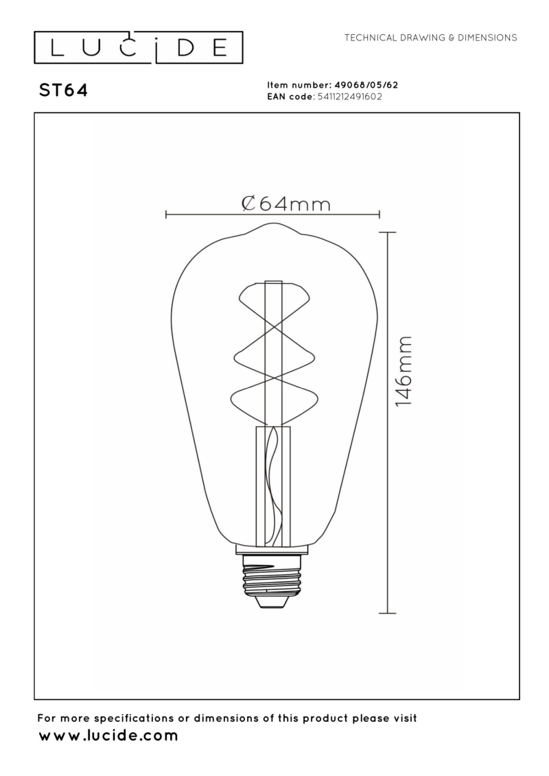 Lucide ST64 - Žiarovka - Ø 6,4 cm - LED Rozm. - E27 - 1x5W 2700K - Jantárová